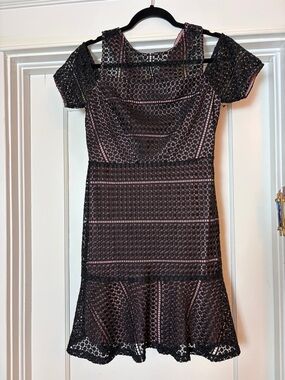 Black Lace Overlay Pink Mini Dress with Short Sleeves